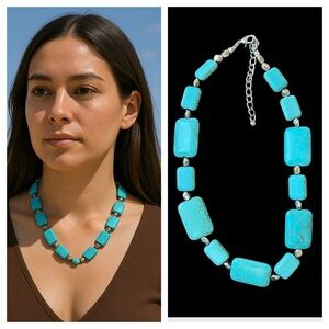 Turquoise colored Howlite Stone Necklace silver tone spacer beads adjustable